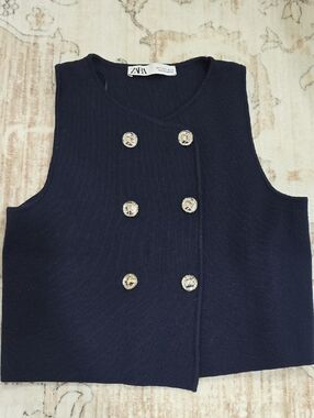 Zara Navy Sleeveless Double-Breasted Knit Vest with Silver-Tone Buttons